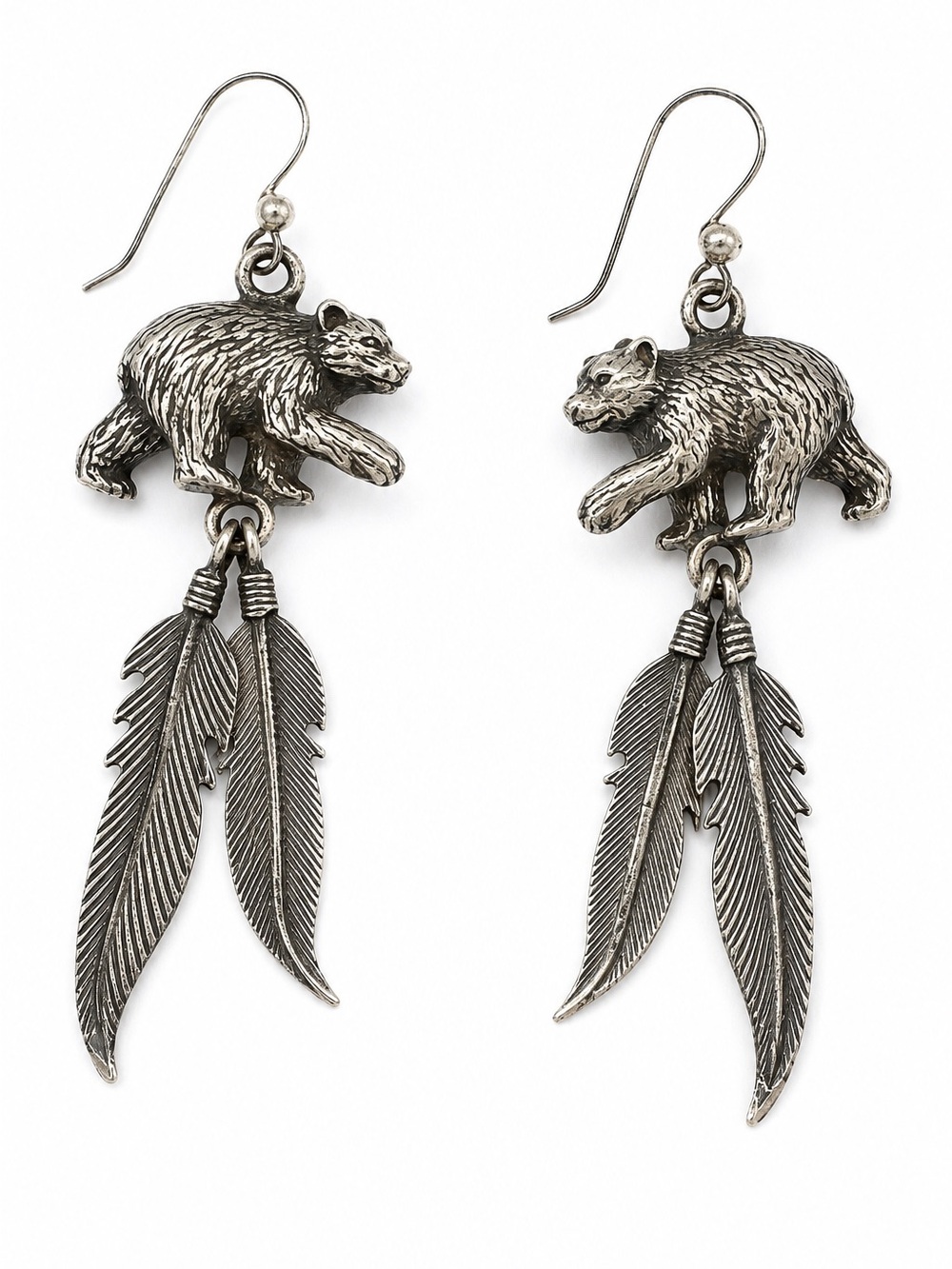 Running Bear Sterling Bear Feather Dangle Earrings 15g
